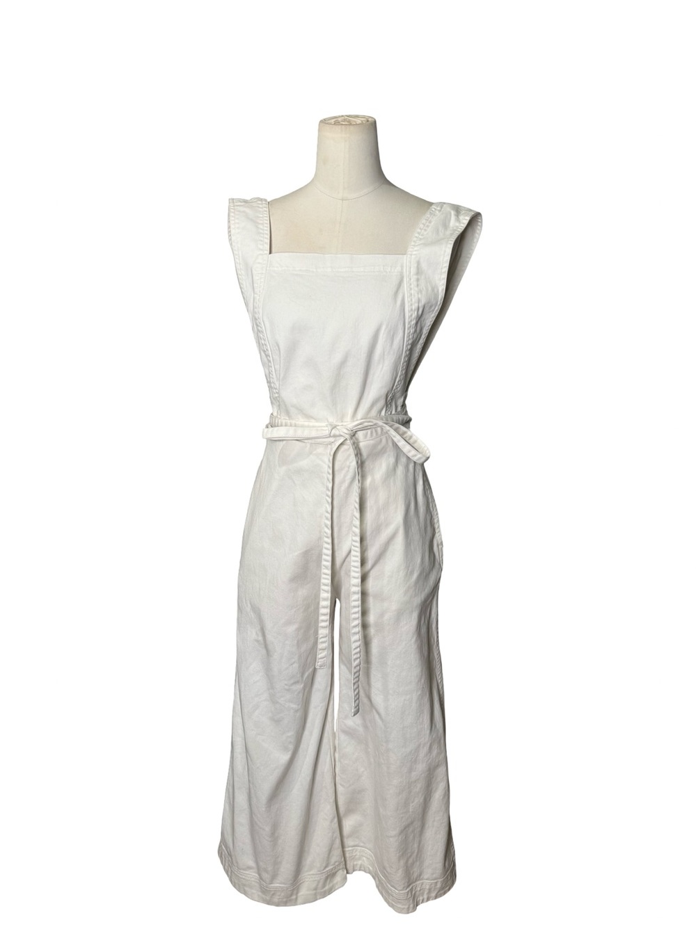 Urban Outfitters White Wide Leg Jumpsuit Small Open Back Belted Cotton - Picture 3 of 7